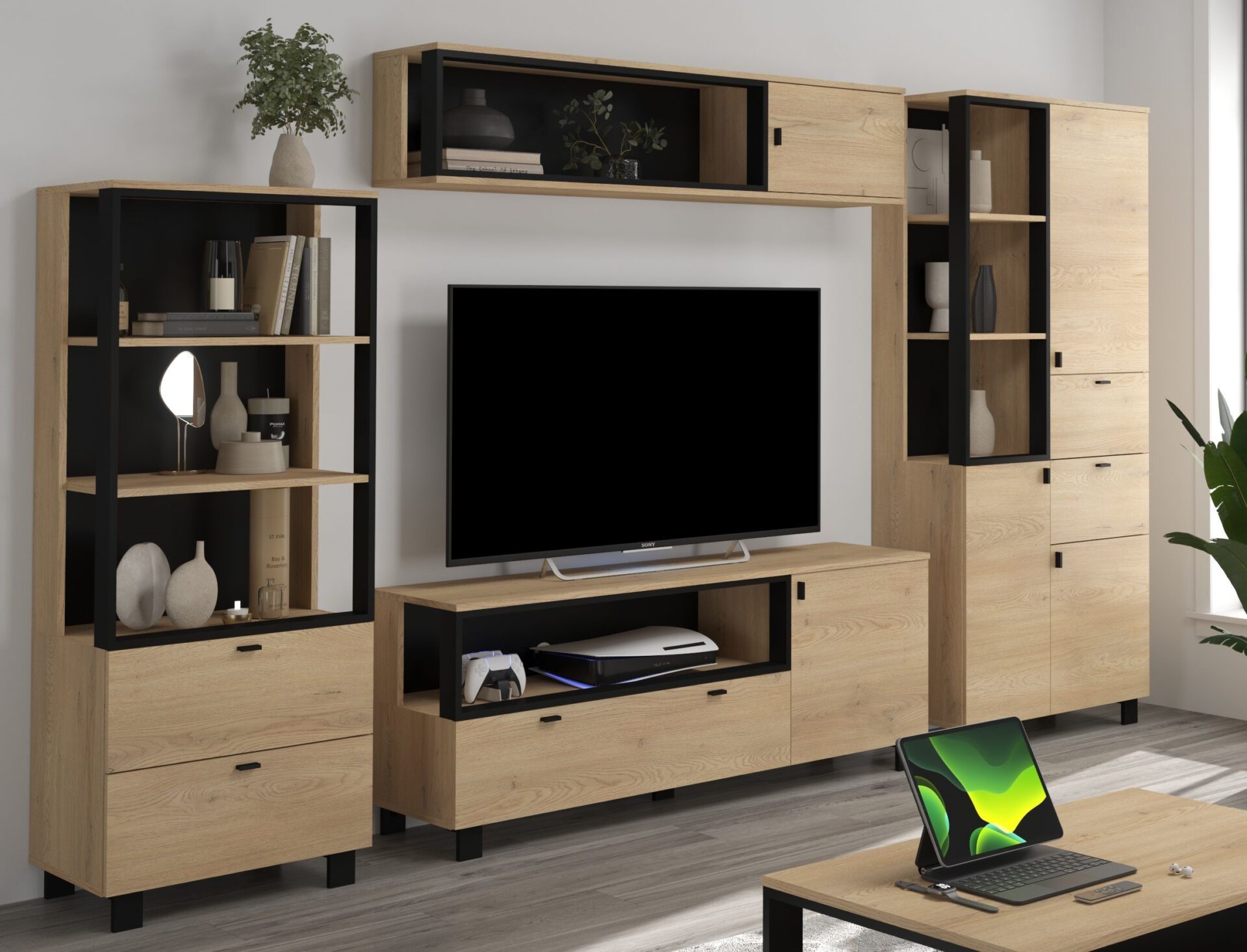 GAVES #11 viesistabas mēbeles, sienas skapis, plaukts, TV skapis, piekarināms plaukts, ozols