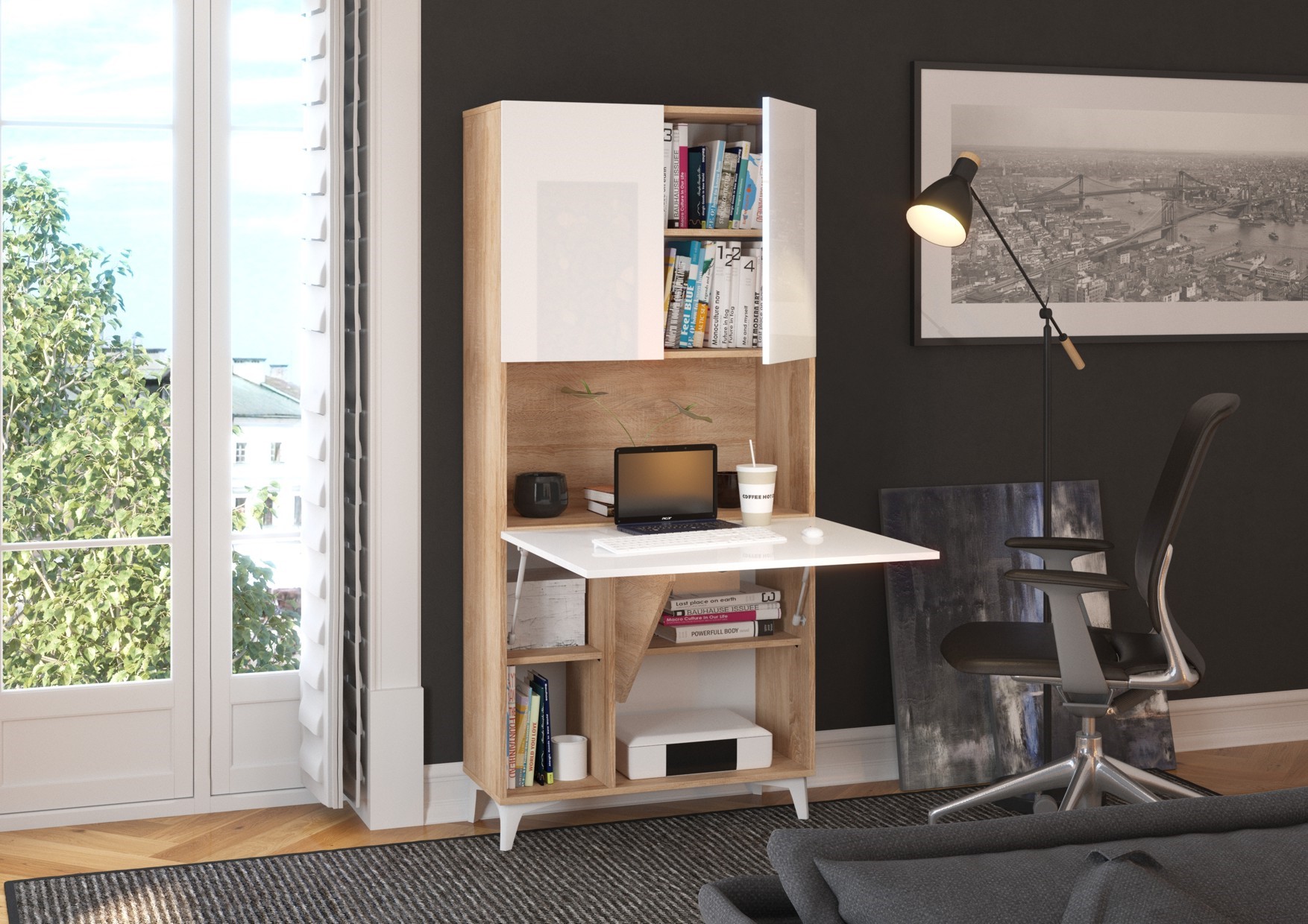 MEGI mēbeles 1 plaukts + galds Sonoma ozols / balts pulēts — изображение 2