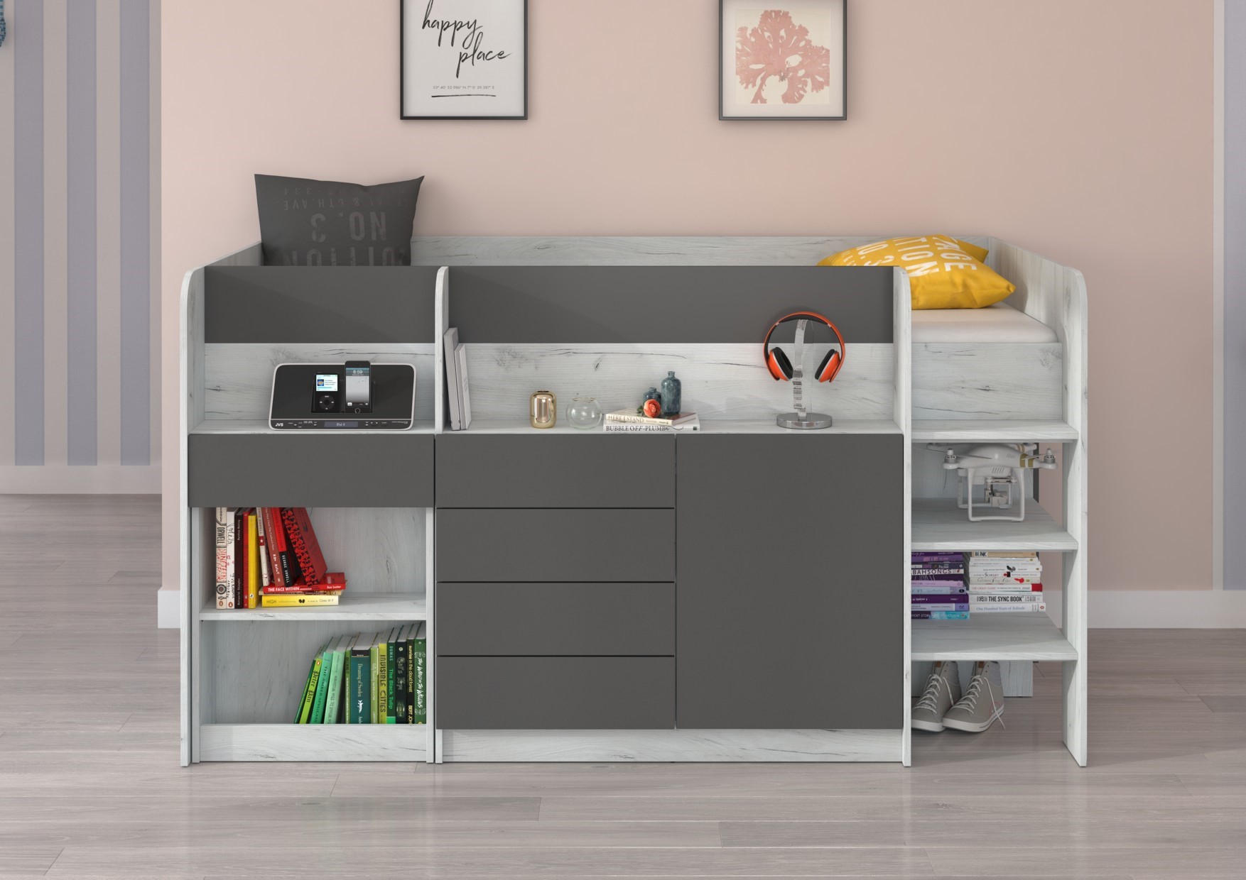 Divstāvu gulta, rakstāmgalds, kumode, mezzanīns, EMI P craft, balts grafīts — изображение 3