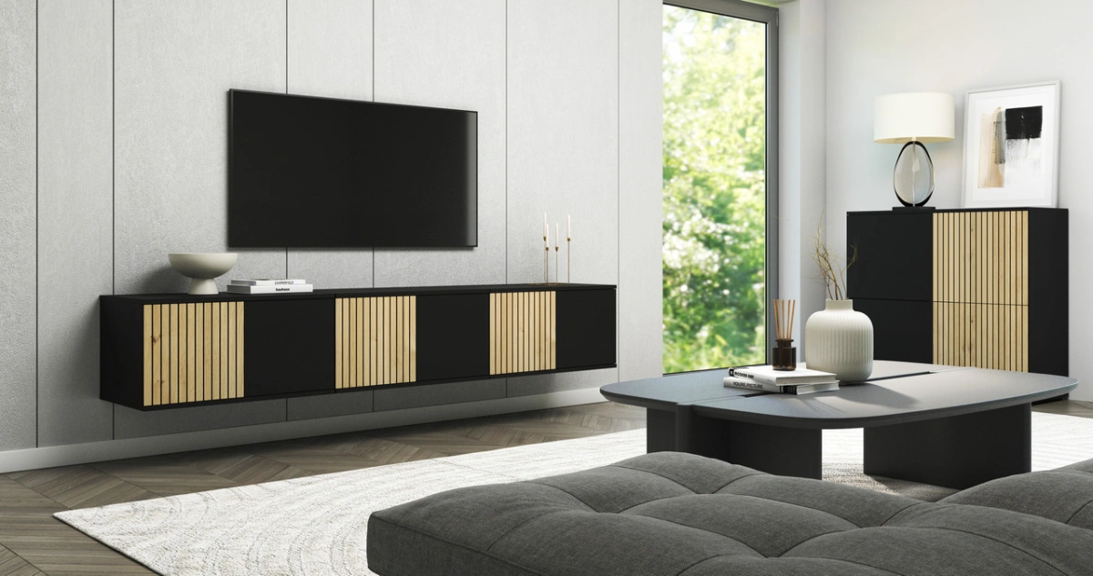 Loft stila TV skapītis ar režģi, 210 cm, Ross