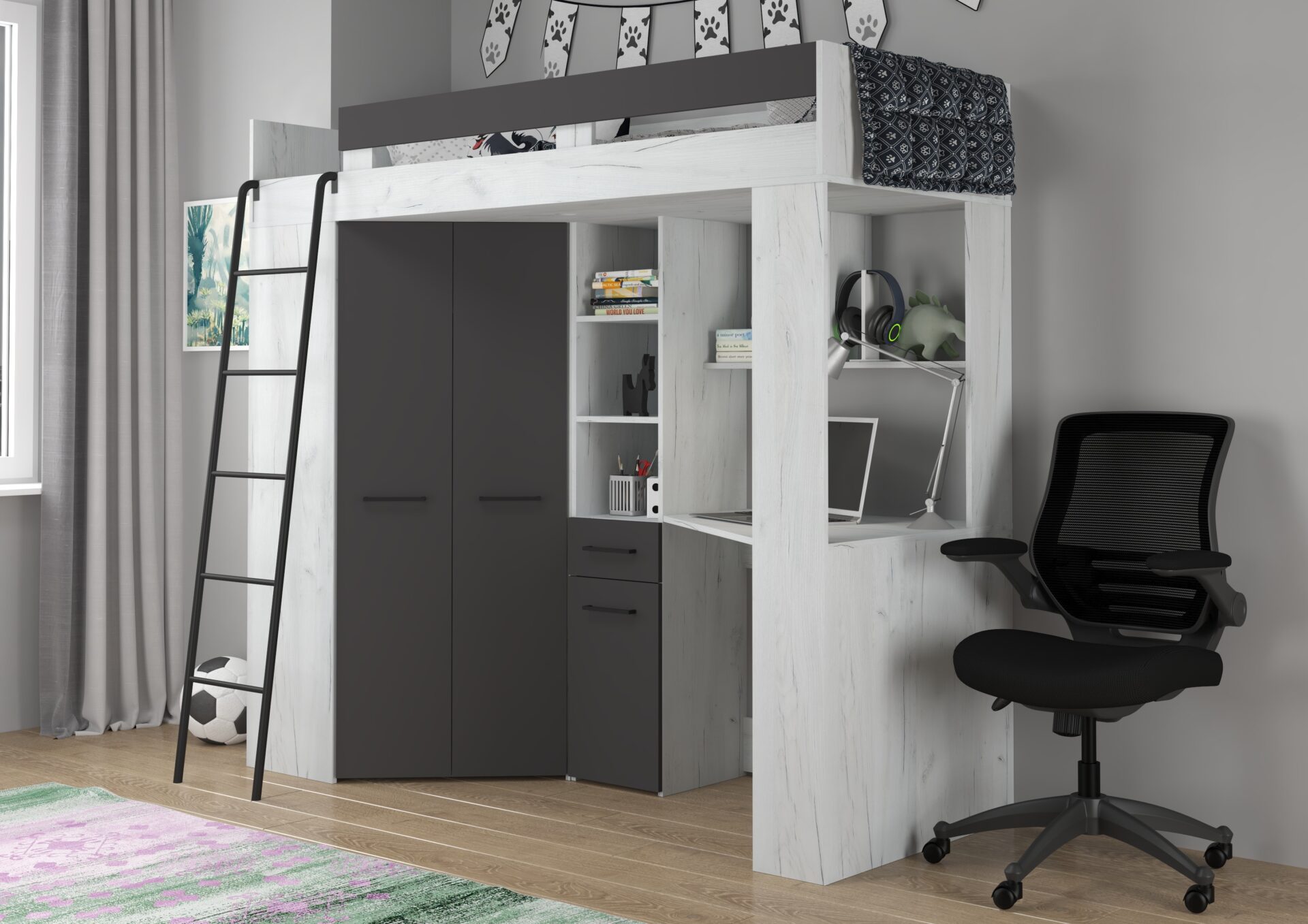 Divstāvu gulta ar galdu, stūra skapis, mezzanine FLO L craft balts grafīts — изображение 2