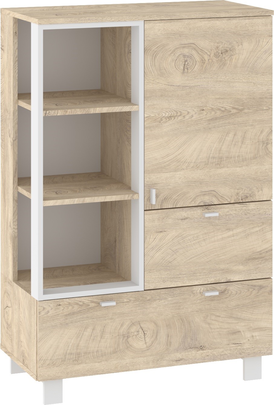 GAVES 06 mēbeles, zems grāmatu plaukts ar atvilktnēm, loft stils, ozola imitācija, balta