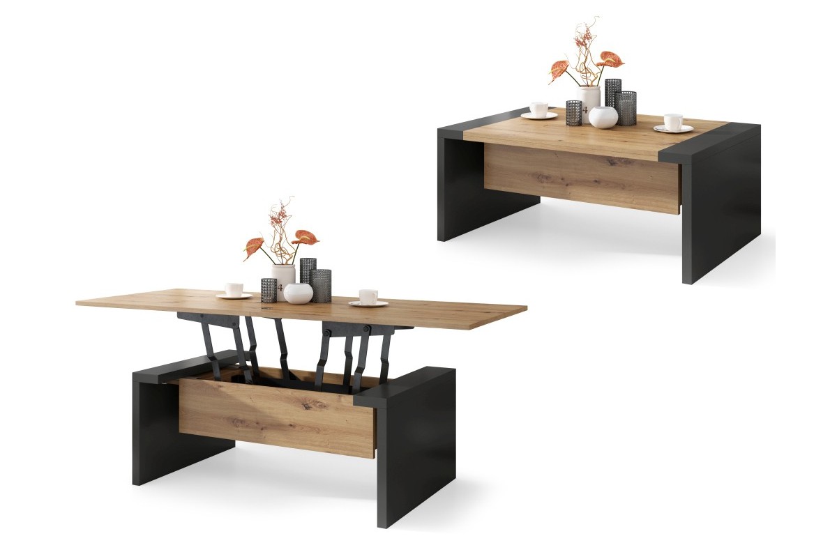 SPACE Artisan Oak/Antracite (tumši pelēks) - kafijas galdiņš ar izvelkamu un paceļamu virsmas virsmu