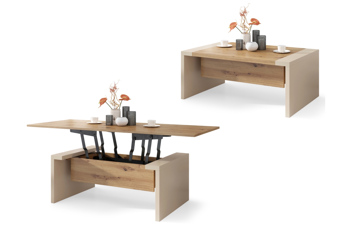 SPACE Artisan Oak/Beige (Champagne) - Kafijas galdiņš ar izvelkamu un paceļamu virsmu