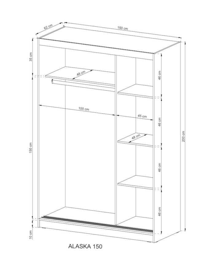Alaska skapis, divas durvis, 150 cm, bīdāmas, plaukti, pakaramais, Sonoma ozols — изображение 4
