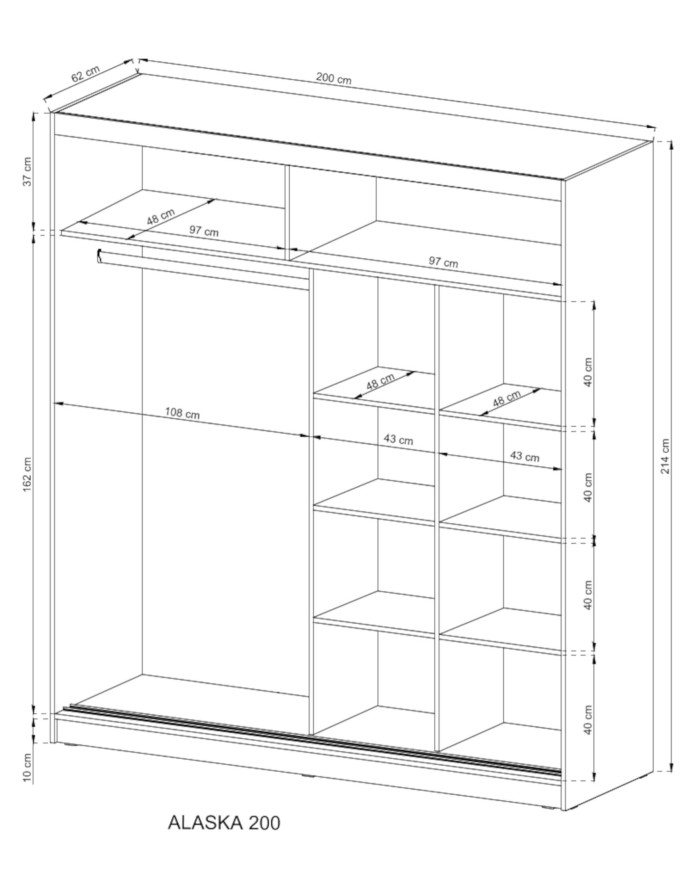 Alaska skapis, divas durvis, 200 cm, bīdāmas, plaukti, pakaramais, spogulis, Sonoma ozols — изображение 4