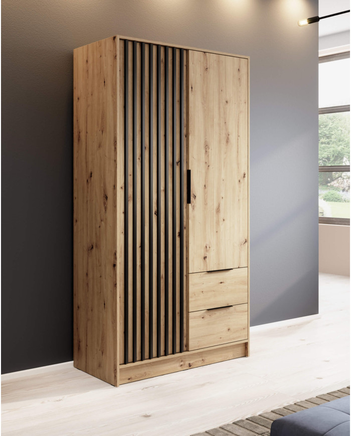 Nelly 100 skapis, divas durvis, plaukti, pakaramais, atvilktnes, Artisan Oak/melns — 3 attēls