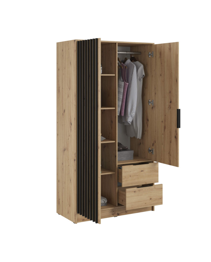 Nelly 100 skapis, divas durvis, plaukti, pakaramais, atvilktnes, spogulis, Artisan Oak/melns — 2 attēls