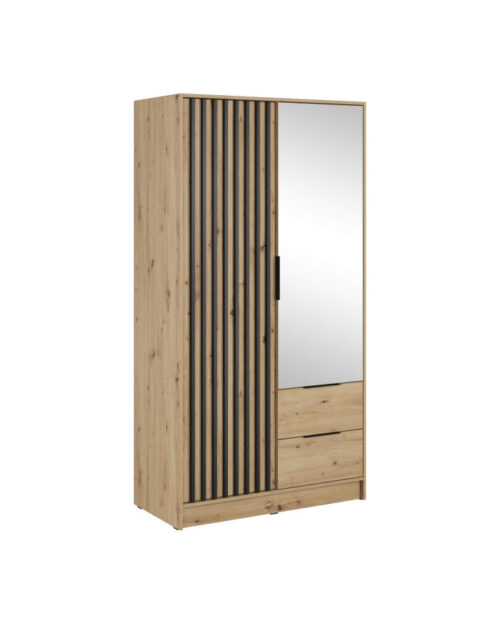 Nelly 100 skapis, divas durvis, plaukti, pakaramais, atvilktnes, spogulis, Artisan Oak/melns