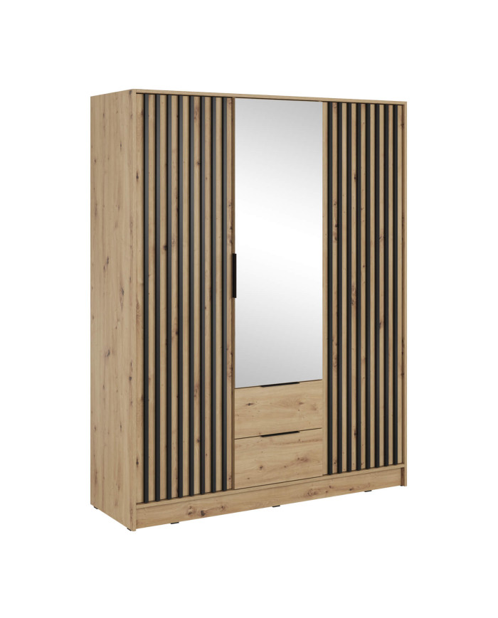 Nelly 3D skapis, trīs durvis, 155 cm, plaukti, pakaramais, atvilktnes, spogulis, Artisan Oak/Black