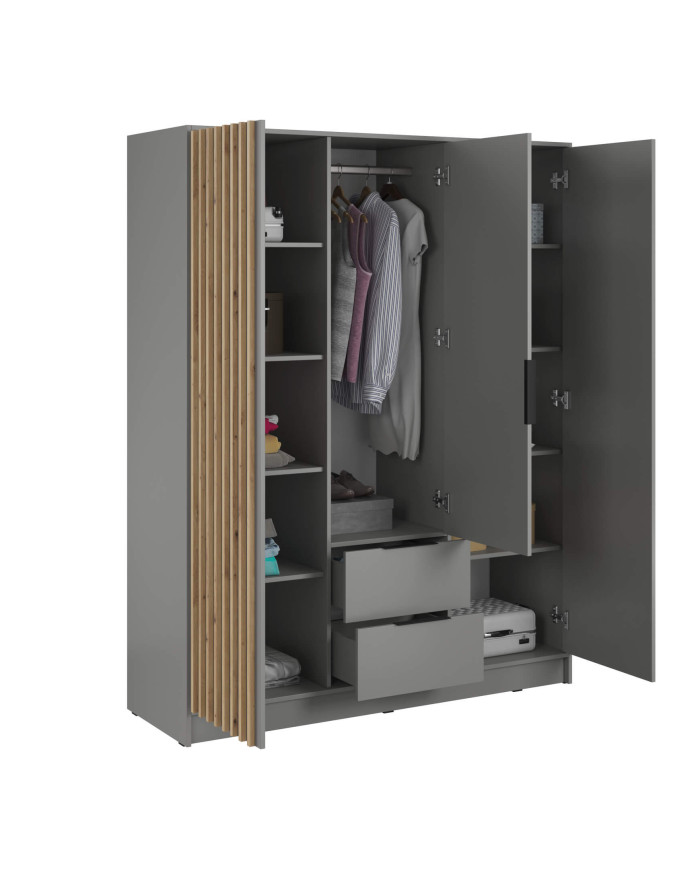 Nelly 3D skapis, 3 durvis, 155 cm, plaukti, pakaramais, atvilktnes, spogulis, pelēks/māksliniecisks ozols — изображение 2