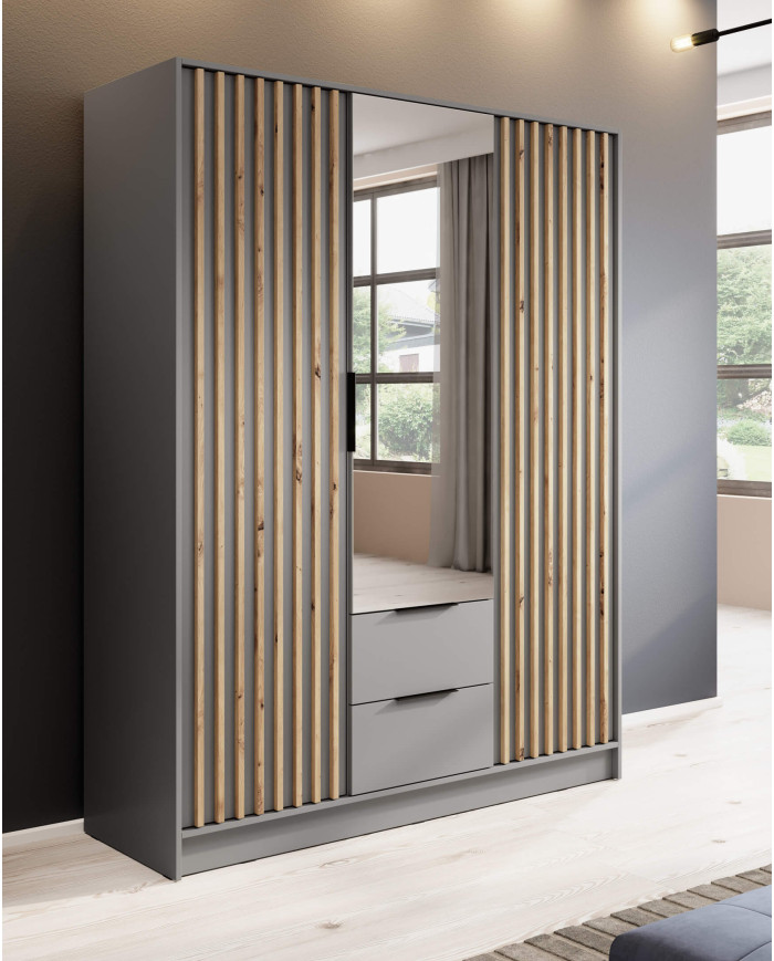 Nelly 3D skapis, 3 durvis, 155 cm, plaukti, pakaramais, atvilktnes, spogulis, pelēks/māksliniecisks ozols — изображение 3