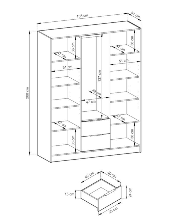 Nelly 3D skapis, 3 durvis, 155 cm, plaukti, pakaramais, atvilktnes, spogulis, pelēks/māksliniecisks ozols — изображение 4