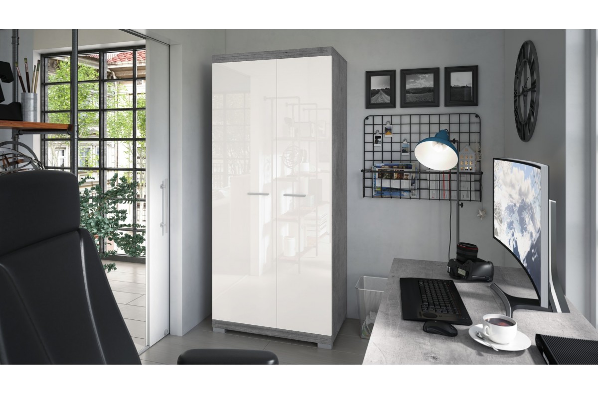 SIMPLE SZD2 Skapis "Millenium Concrete"/Glossy White - Garderobes istaba ar plauktu un drēbju pakaramo — 2 attēls
