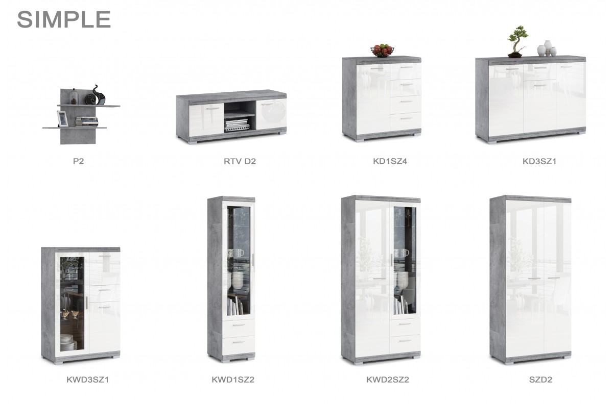 SIMPLE SZD2 Skapis "Millenium Concrete"/Glossy White - Garderobes istaba ar plauktu un drēbju pakaramo — 4 attēls