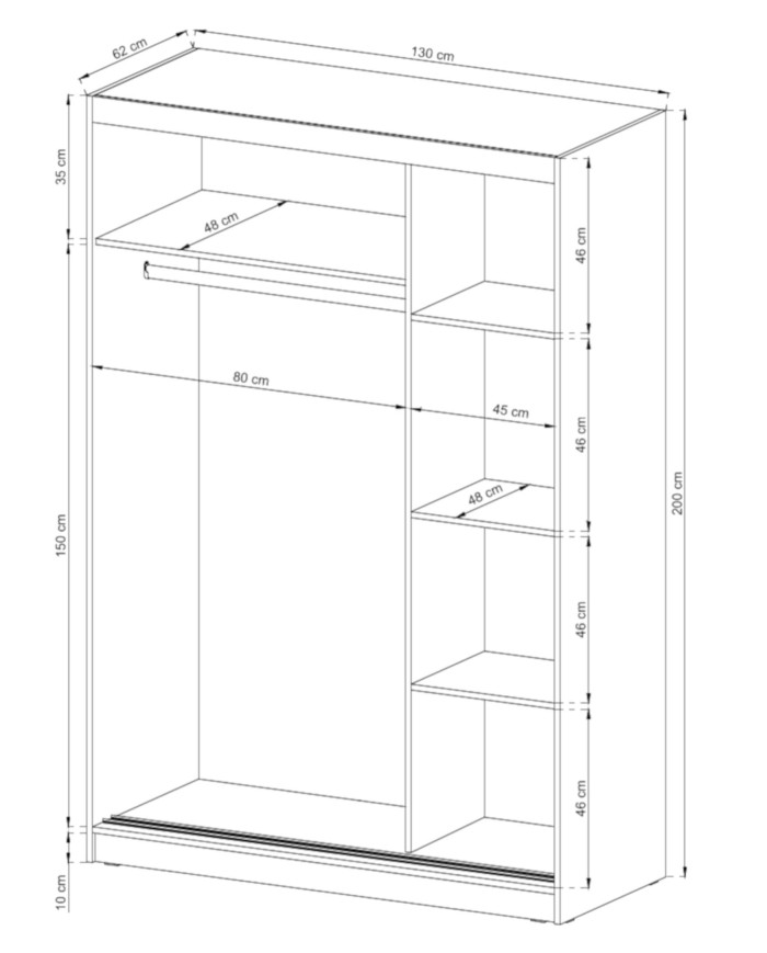 Wiki skapis, divviru durvis, 150 cm, bīdāmās durvis, plaukti, piekaramā stieņa, balta — 3 attēls