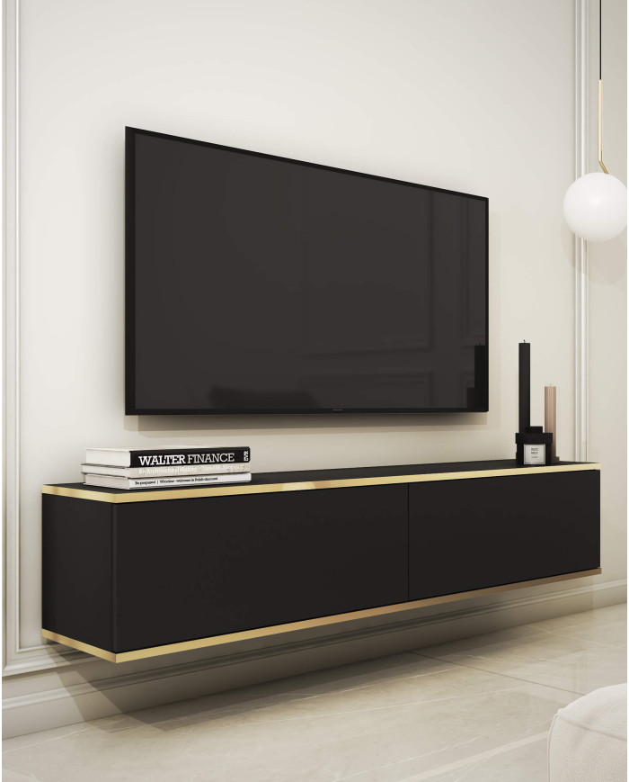 Oro 135 TV skapītis, ar durvīm, stiprināms pie sienas, melns/zelta krāsā — изображение 2