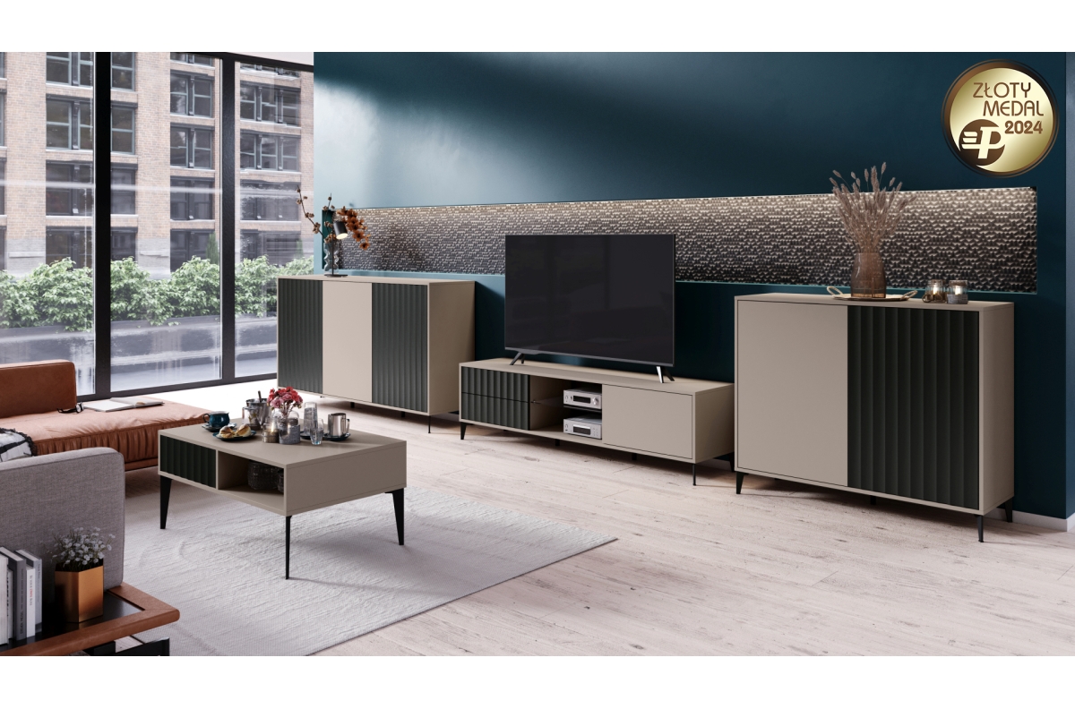 Augsts skapis RIMINI SZ-63 Taupe Beige/Matēti melns - MODERNS SKAPIS/KOLONNĀ AR PLAUKTIEM UN RIEVOTĀM FASĀDĒM — 6 attēls