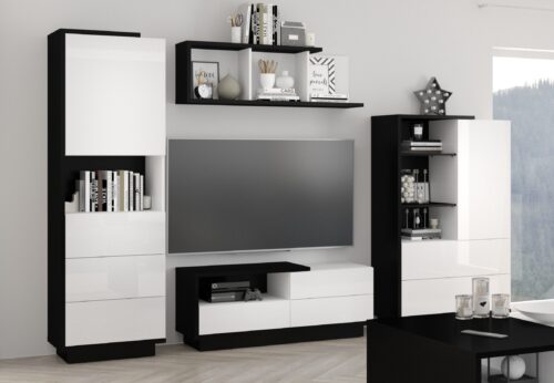 BRITA #1 viesistabas mēbeles, TV skapītis, plaukts, melnbalts, spīdīgs