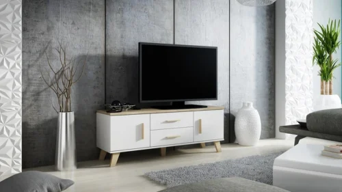 LOTTA WHITE 140 – TV skapītis uz kājām ar 2 durvīm un 2 atvilktnēm