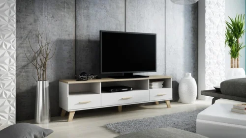 LOTTA WHITE 180 – TV skapītis uz kājām ar 3 atvilktnēm