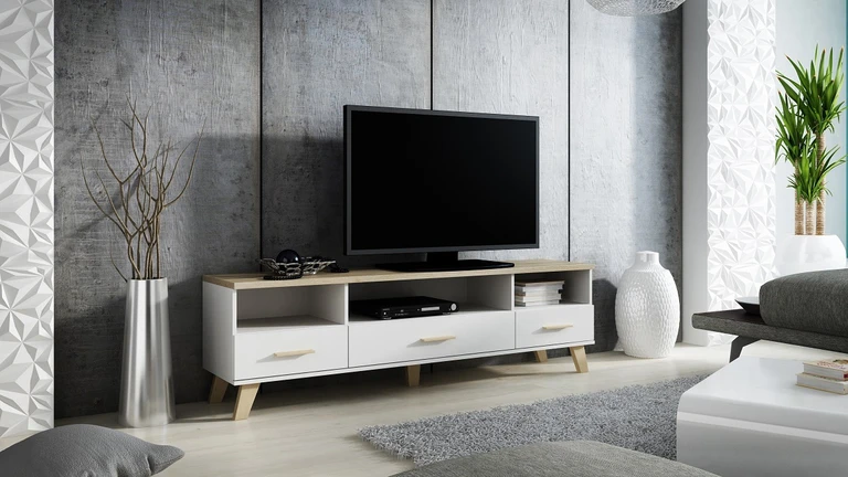 LOTTA WHITE 180 - TV skapītis uz kājām ar 3 atvilktnēm