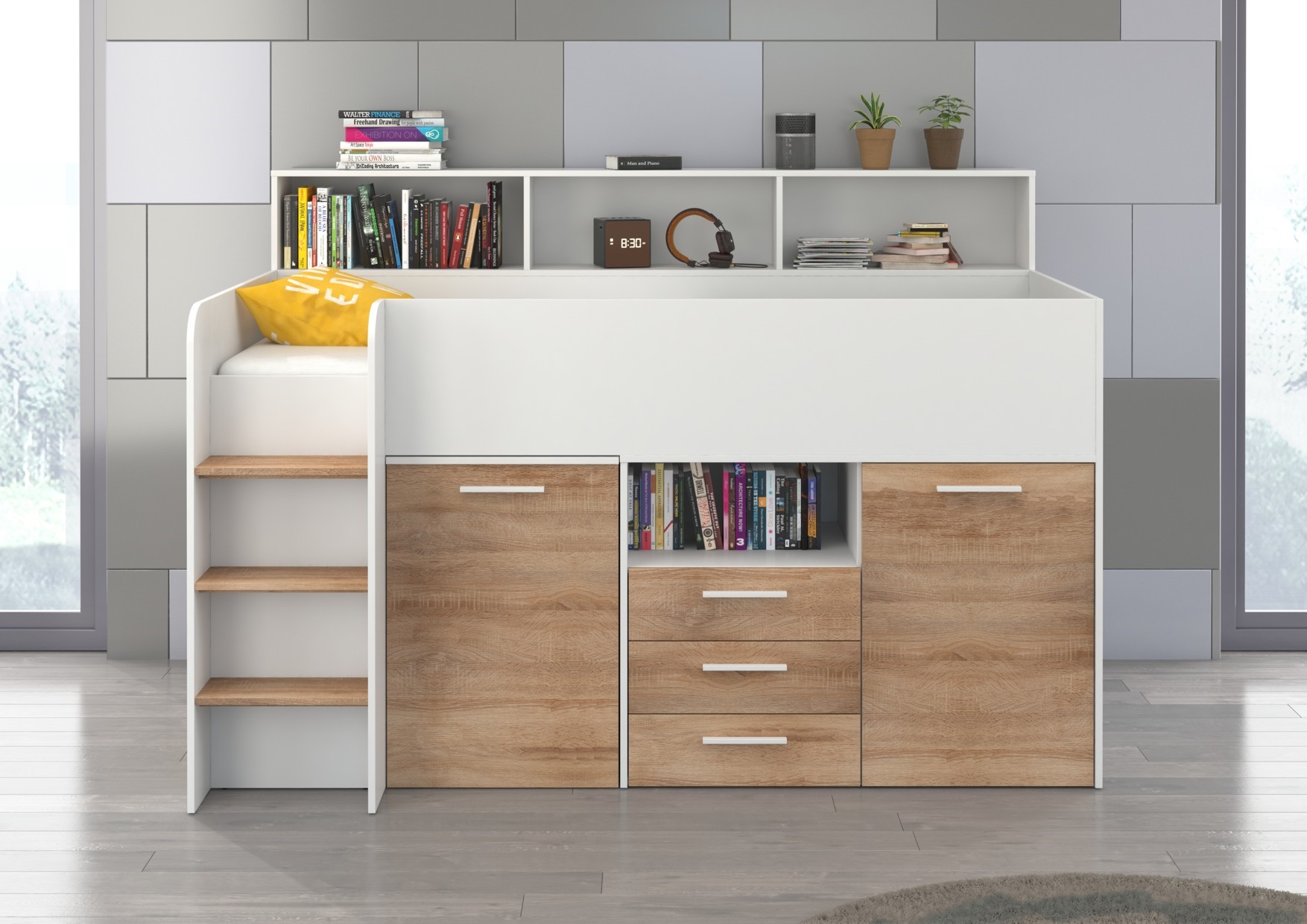 Bērnu divstāvu gulta jauniešiem, mezzanine ENO L, balta/sonoma ozols — изображение 3