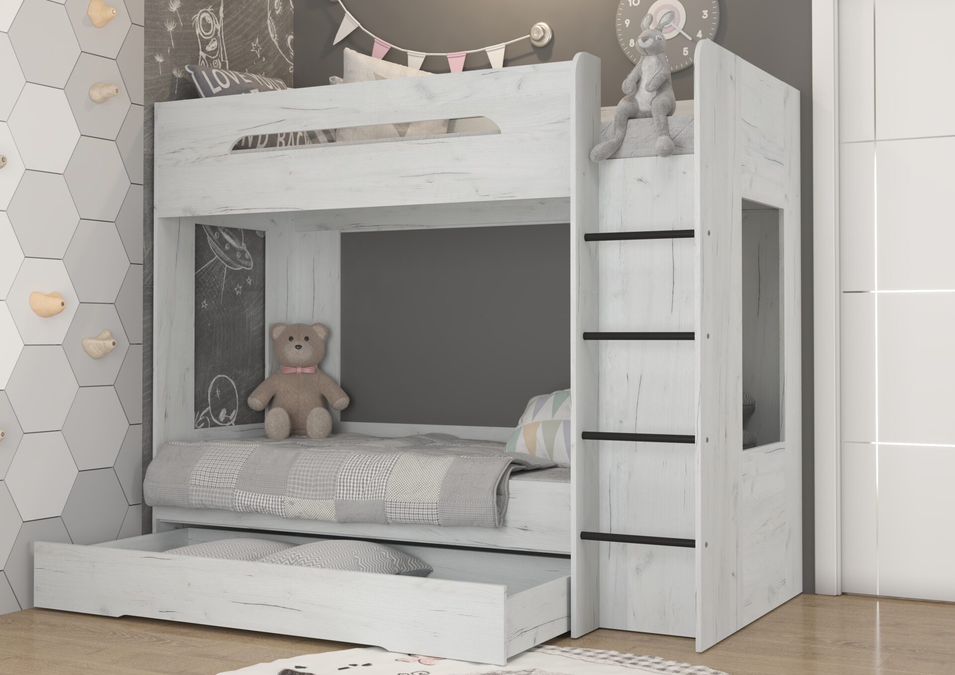 Bērnu divstāvu gulta jauniešiem, 2 personām, 80x200, BLIN, ozolkoka krāsā, balta — изображение 5