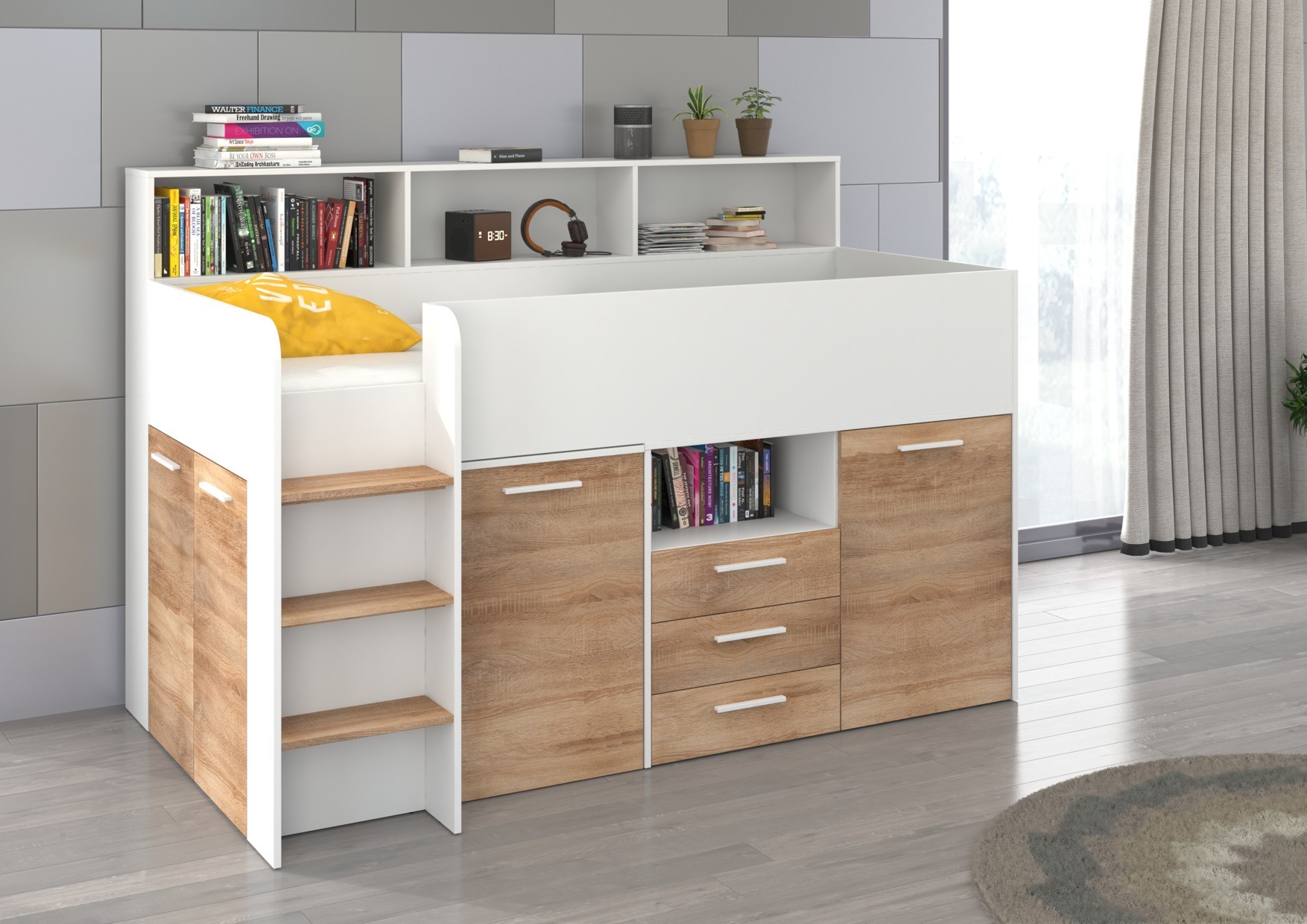 Bērnu divstāvu gulta jauniešiem, mezzanine ENO L, balta/sonoma ozols — изображение 2