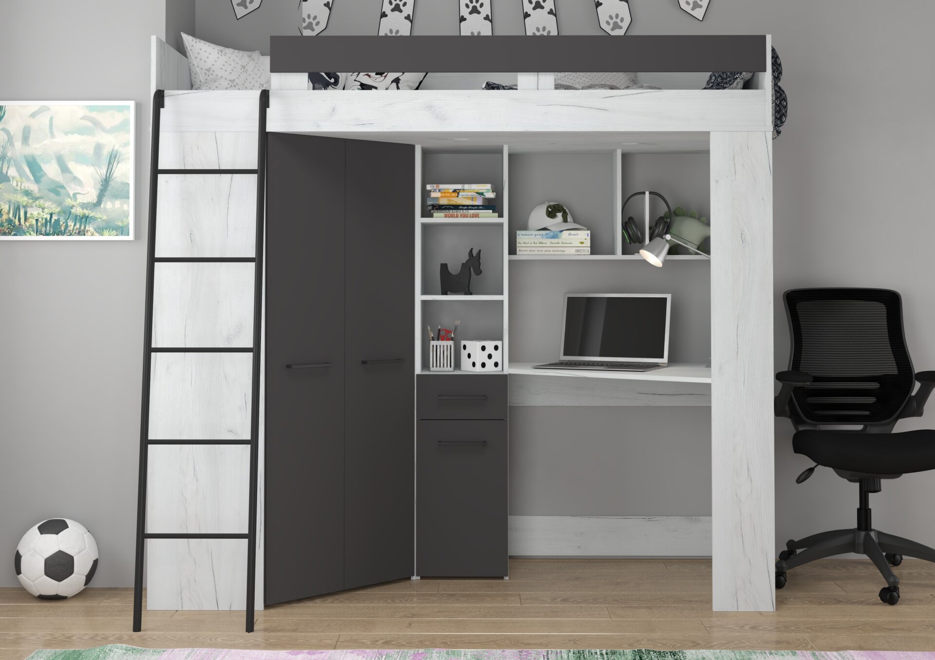 Divstāvu gulta ar galdu, stūra skapis, mezzanine FLO L craft balts grafīts — изображение 4