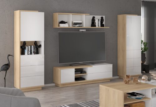 BRITA mēbeles #3 sienas skapis, grāmatu plaukts, TV skapis, plaukts, Kremonas ozols, baltā spīdīgā krāsā