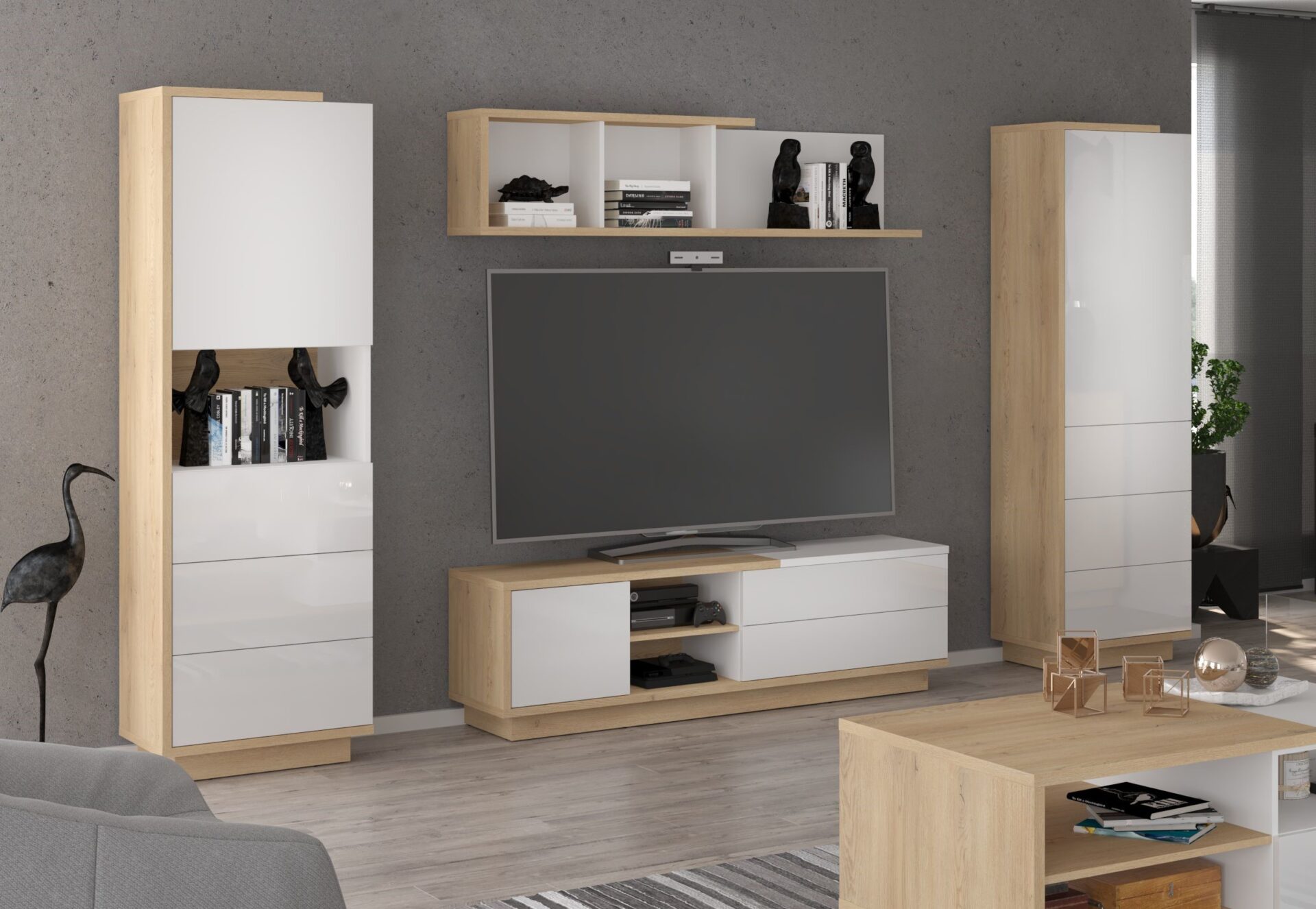 BRITA mēbeles #3 sienas skapis, grāmatu plaukts, TV skapis, plaukts, Kremonas ozols, baltā spīdīgā krāsā