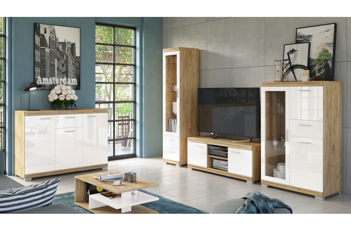 SIMPLE KWD1SZ2 Vitrīna Craft ozolkoka krāsā, zelta/baltā krāsā, spīdīgs - PLAUKTU SKAPIS DZĪVOJAMĀ ISTABĀ, STIKLS — изображение 2