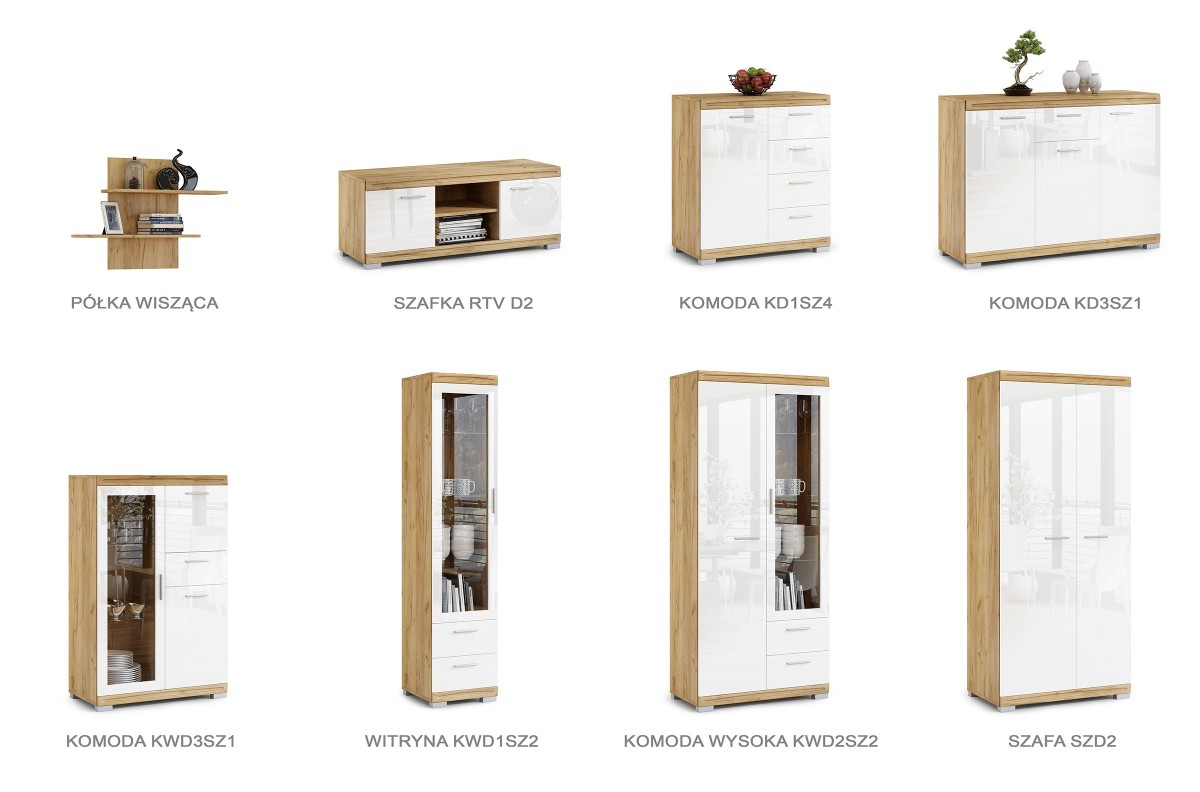 SIMPLE KWD1SZ2 Vitrīna Craft ozolkoka krāsā, zelta/baltā krāsā, spīdīgs - PLAUKTU SKAPIS DZĪVOJAMĀ ISTABĀ, STIKLS — изображение 4