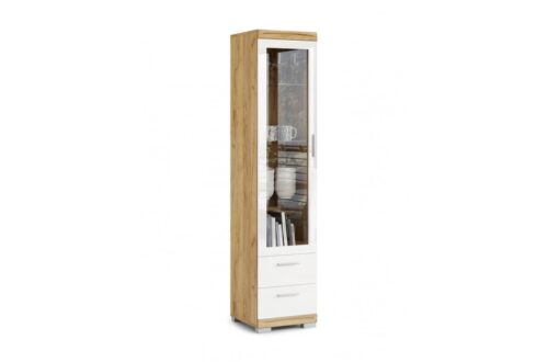 SIMPLE KWD1SZ2 Vitrīna Craft ozolkoka krāsā, zelta/baltā krāsā, spīdīgs – PLAUKTU SKAPIS DZĪVOJAMĀ ISTABĀ, STIKLS
