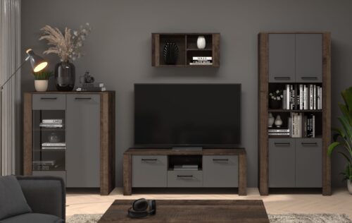 DELIS mēbeļu komplekts #1: vitrīna, TV skapītis, plaukts, ozols, granīta krāsas, grafīts