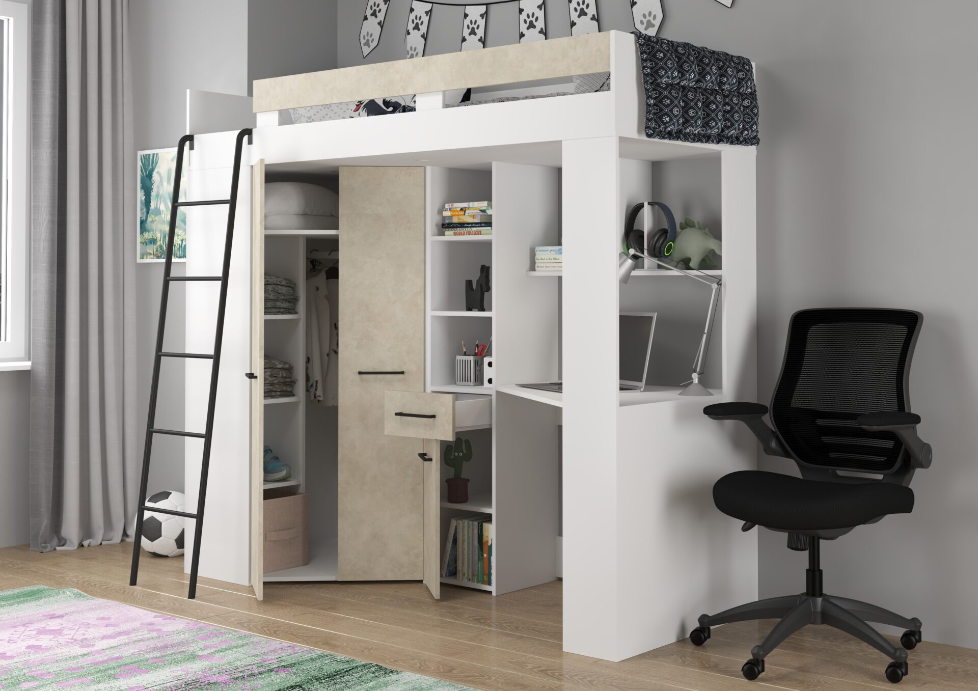 Divstāvu gulta ar galdu, stūra skapis, mezzanine FLO L, balta, mandeļu krāsā — изображение 5