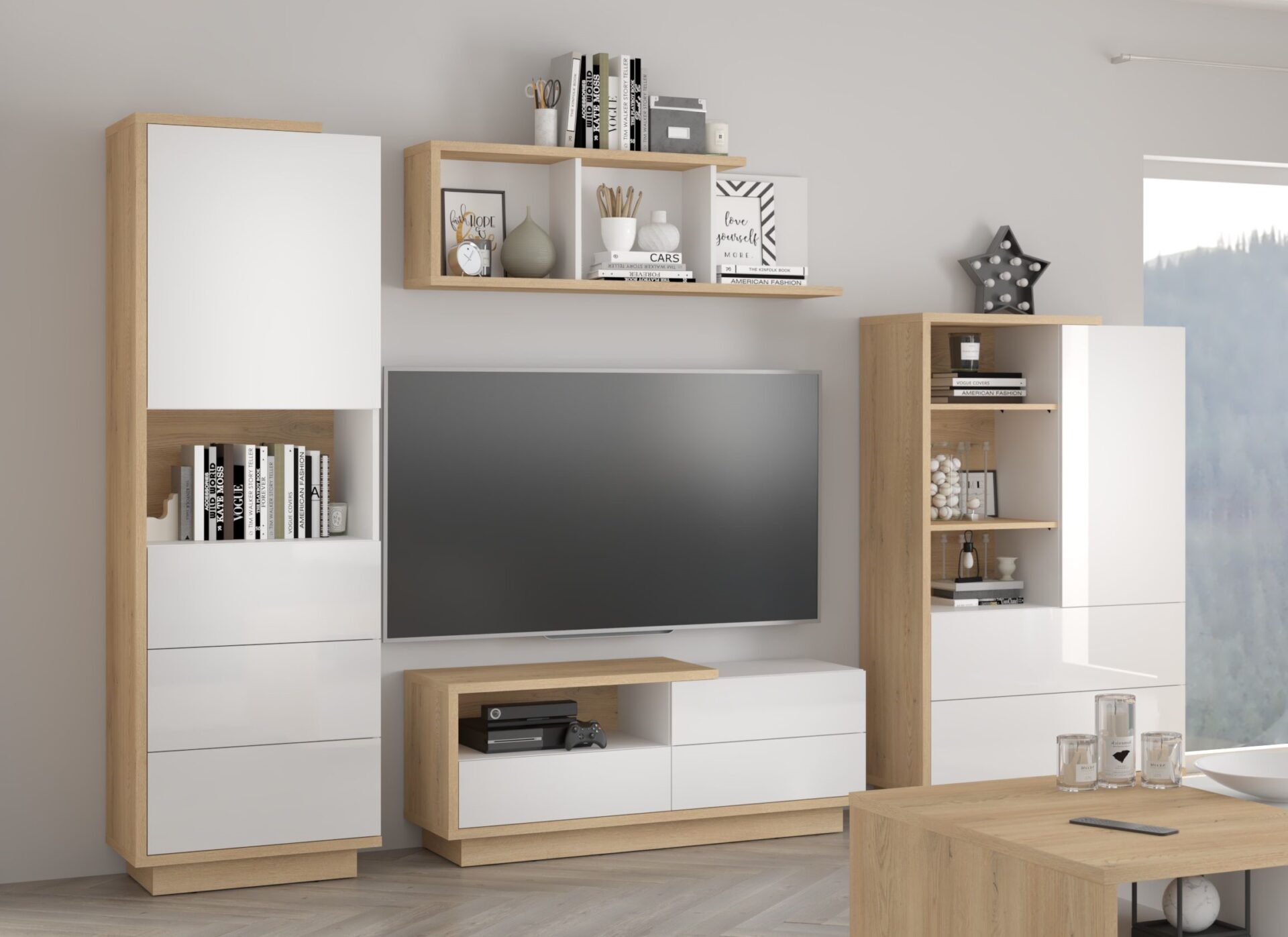 BRITA #1 viesistabas mēbeles, TV skapītis, plaukts, Kremonas ozols, spīdīgi balta krāsa