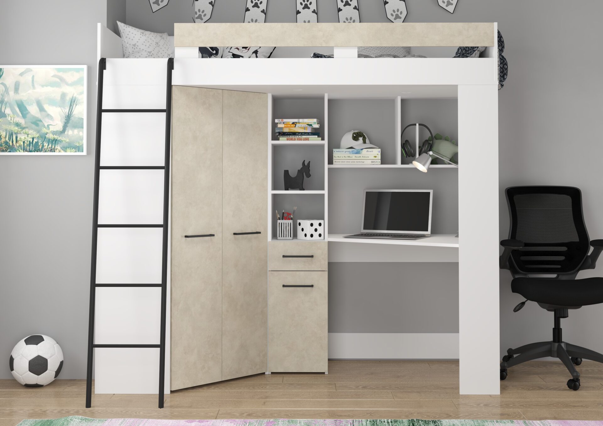 Divstāvu gulta ar galdu, stūra skapis, mezzanine FLO L, balta, mandeļu krāsā — изображение 4