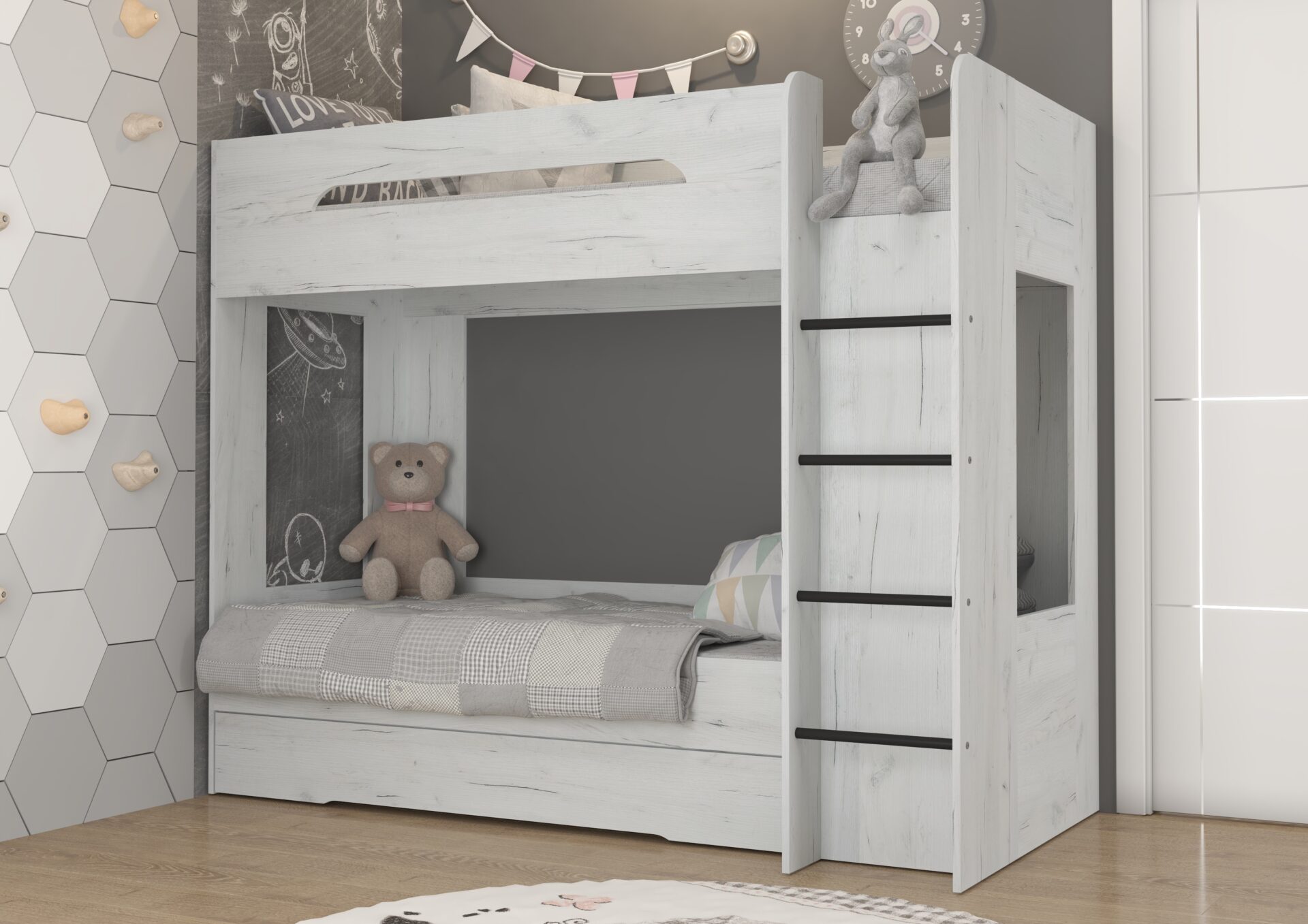 Bērnu divstāvu gulta jauniešiem, 2 personām, 80x200, BLIN, ozolkoka krāsā, balta — изображение 3
