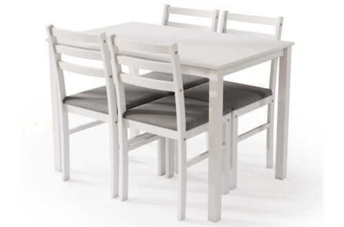 TORINO galds + 4 krēsli, balts/gaiši pelēks komplekts (audums “Sawana 21”) – KOKA VIRTUVES/ĒDAMISTABAS KOMPLEKTS
