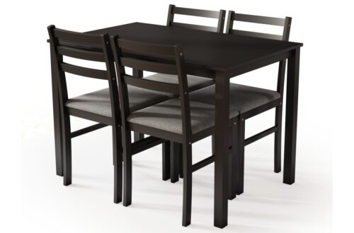 TORINO galds + 4 krēsli, melns/gaiši pelēks komplekts (audums “Sawana 21”) – KOKA VIRTUVES/ĒDAMISTABAS MĒBEĻU KOMPLEKTS