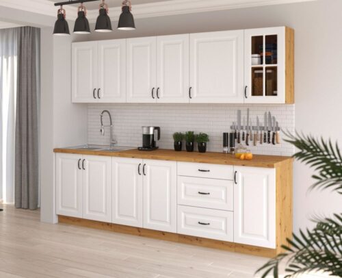 Balta MDF virtuve 260 cm ar Stillo vitrīnu
