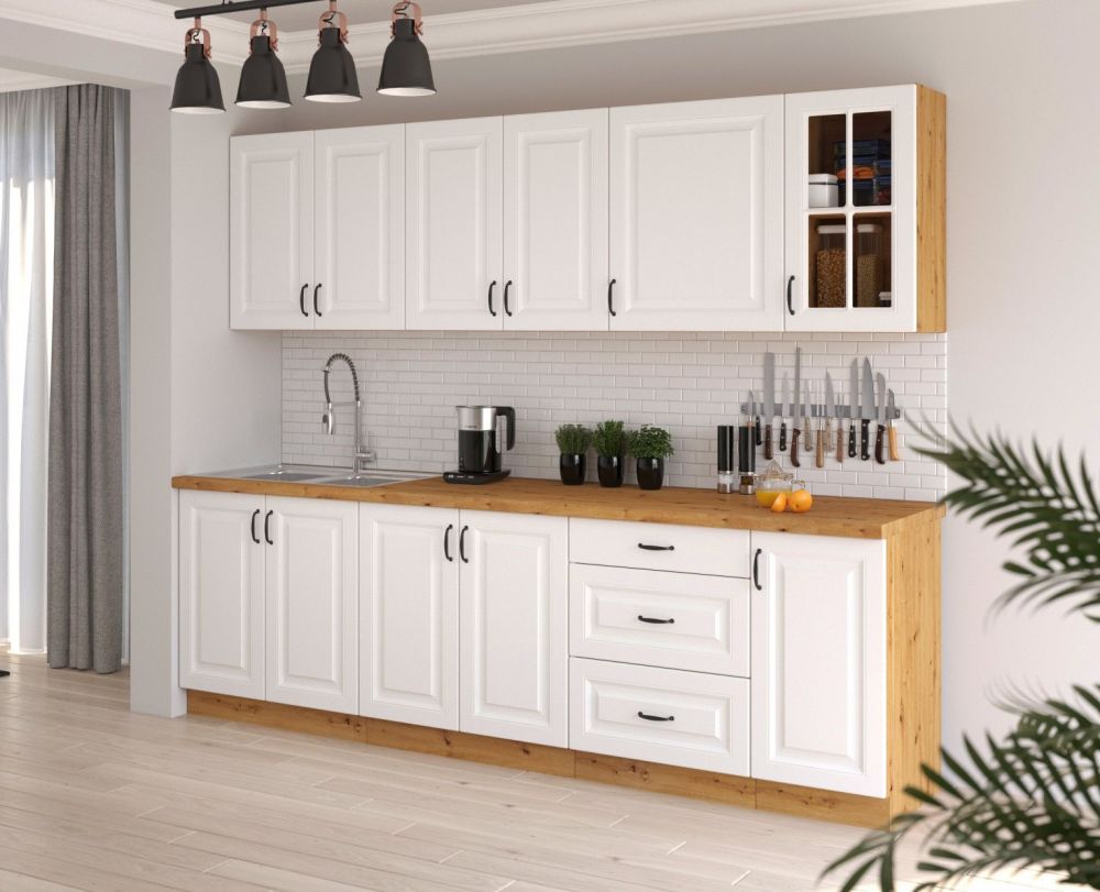 Balta MDF virtuve 260 cm ar Stillo vitrīnu