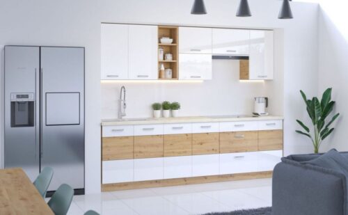 Virtuves iekārta ar amatnieku dizainu, 260 cm, balta, spīdīga