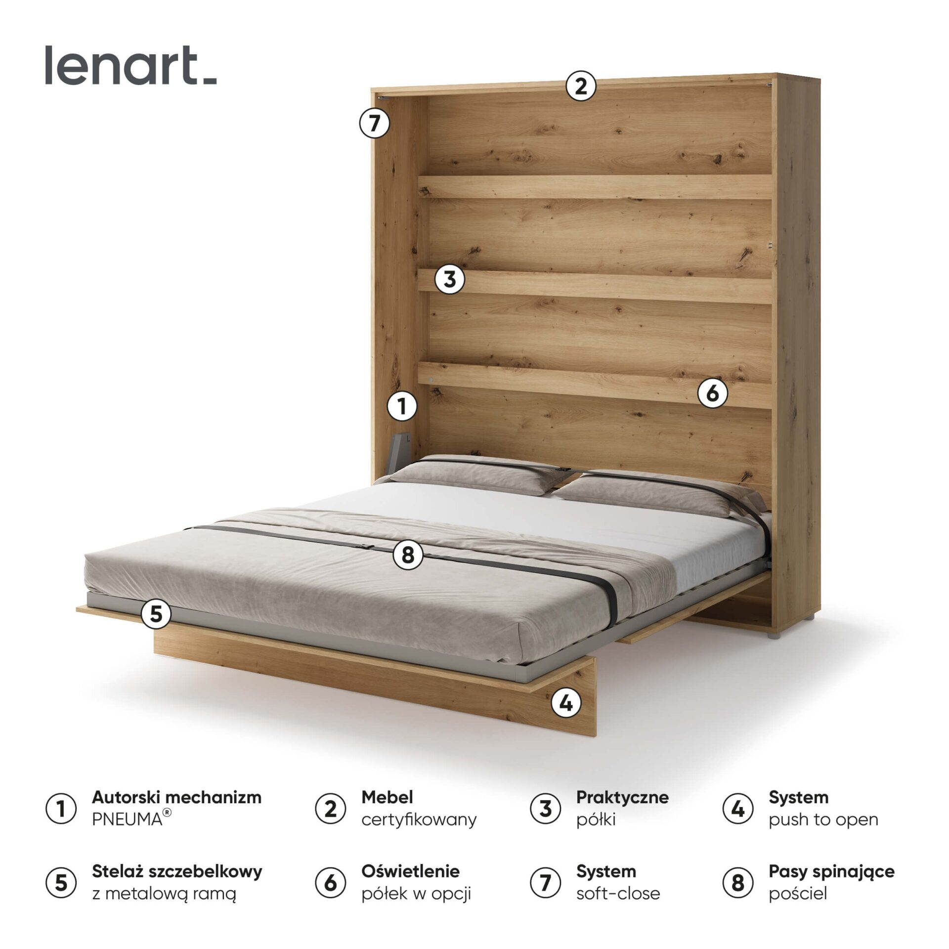 Lenart GULTAS KONCEPTS BC-13 vertikāla sienas gulta 180 cm, ozola imitācija — 6 attēls