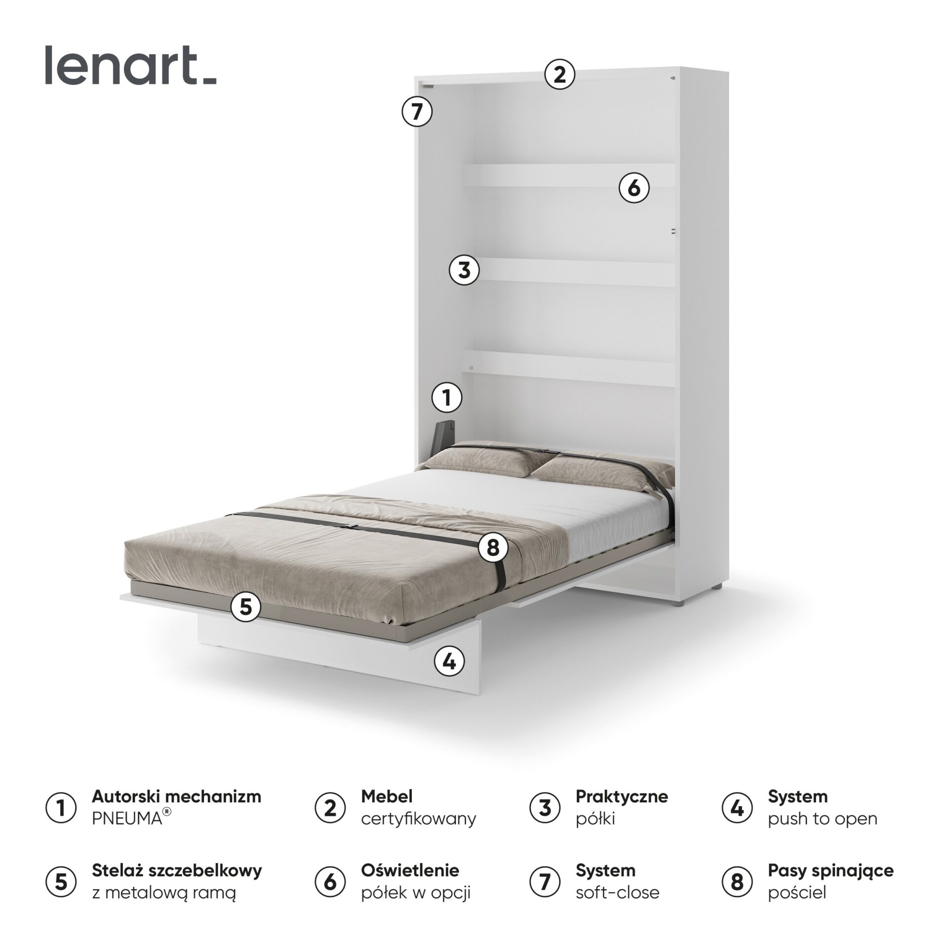 Lenart BED CONCEPT BC-02 vertikāla sienas gulta 120 cm spīdīgi balta — 7 attēls