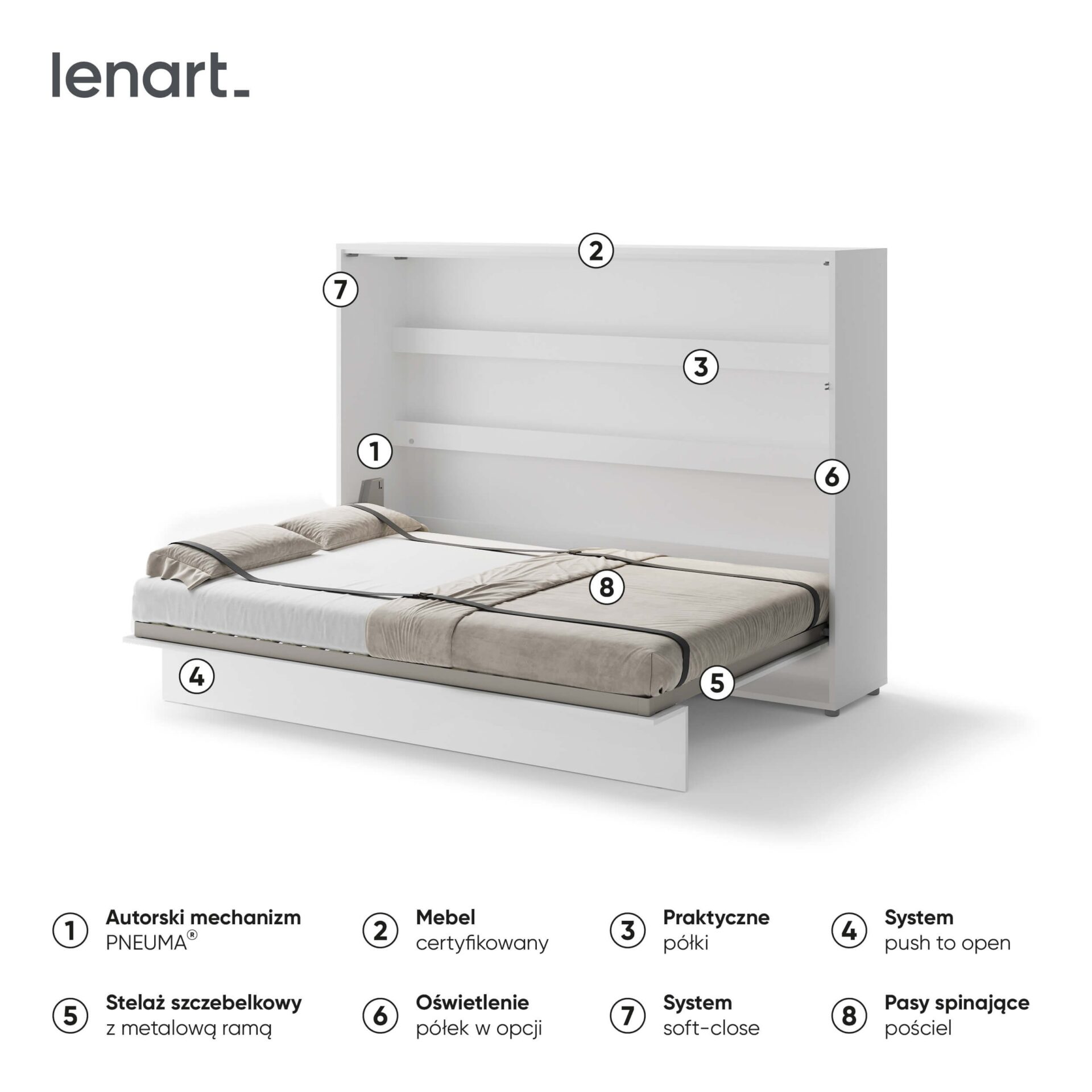 Bed Concept BC-04 - Horizontāla pie sienas stiprināma gulta 140 - Balta — изображение 6