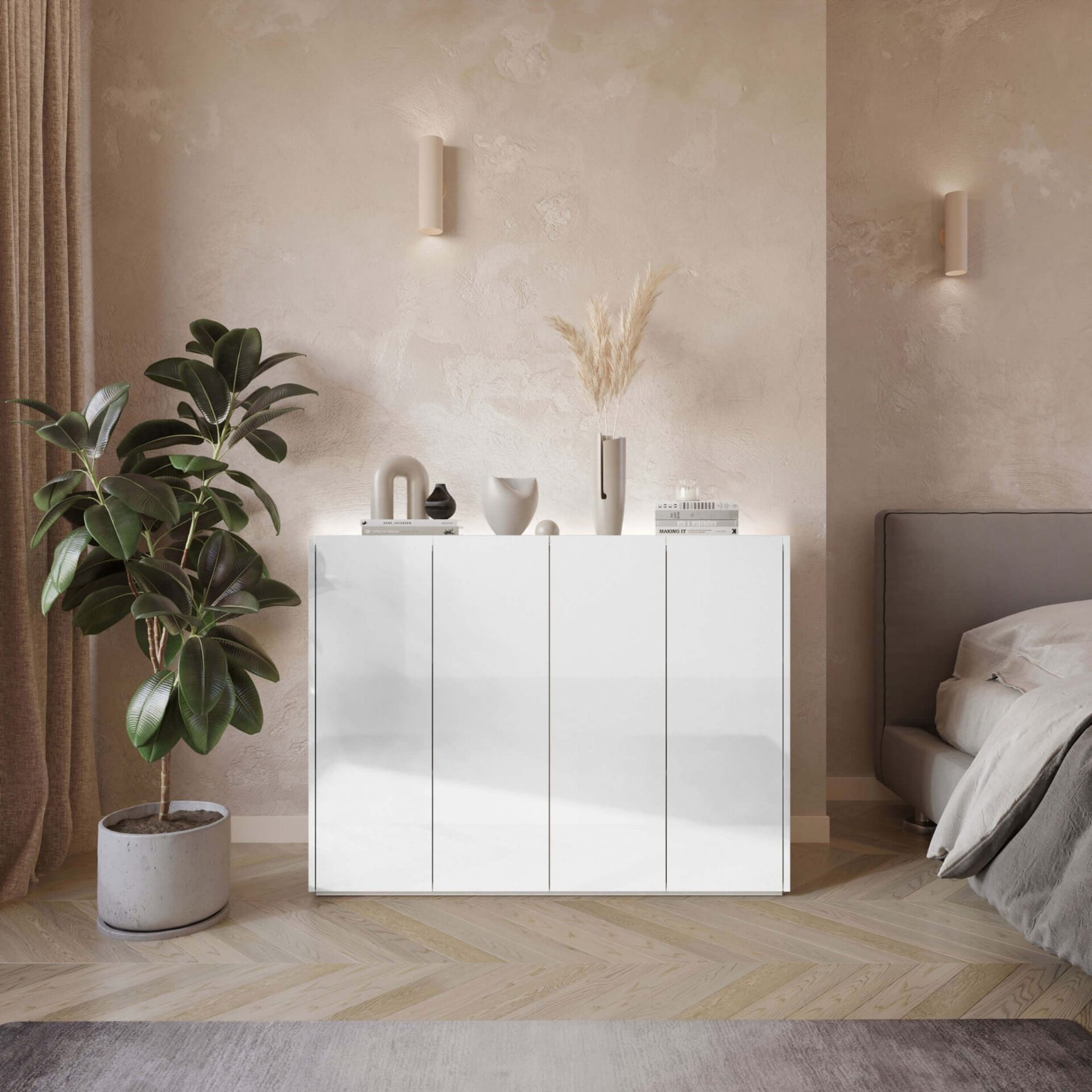 EASY EA-02 kumode ar apgaismojumu, spīdīgi balta/skandināvu ozols — 2 attēls