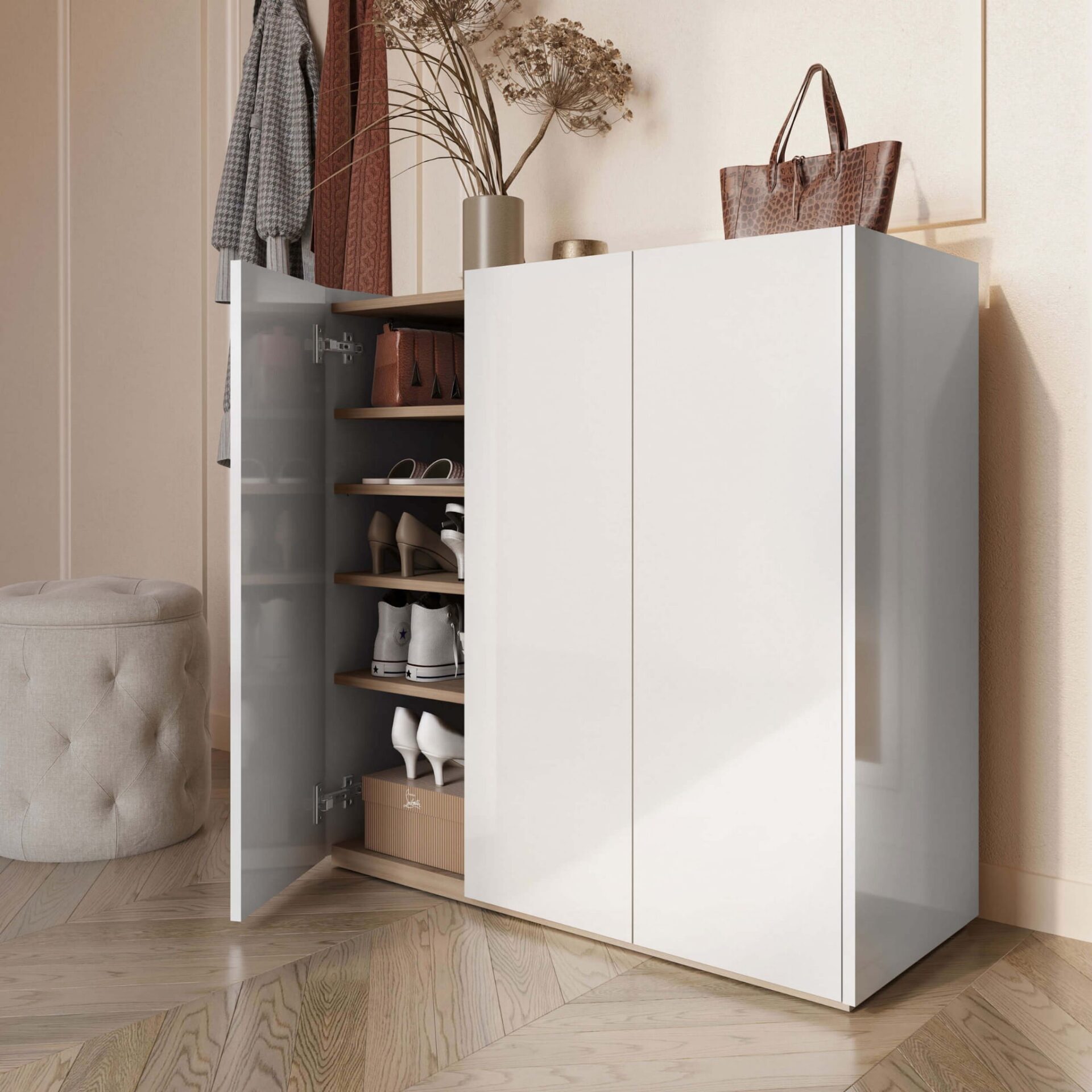 EASY EA-03 kumode ar apgaismojumu, spīdīgi balta/skandināvu ozols — 3 attēls